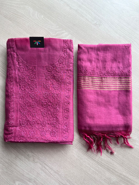 Hand Embroidered Chikankari Chanderi  Silk Cotton Kurti Fabric with Duppata-27303