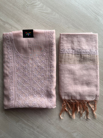 Hand Embroidered Chikankari Chanderi  Silk Cotton Kurti Fabric with Duppata-27304