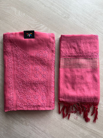 Hand Embroidered Chikankari Chanderi  Silk Cotton Kurti Fabric with Duppata-27305