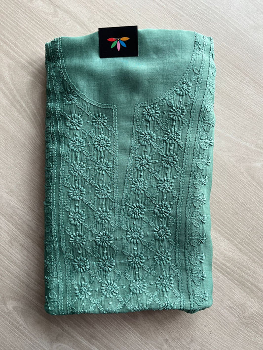 Hand Embroidered Chikankari Chanderi  Silk Cotton Kurti Fabric with Duppata-27306