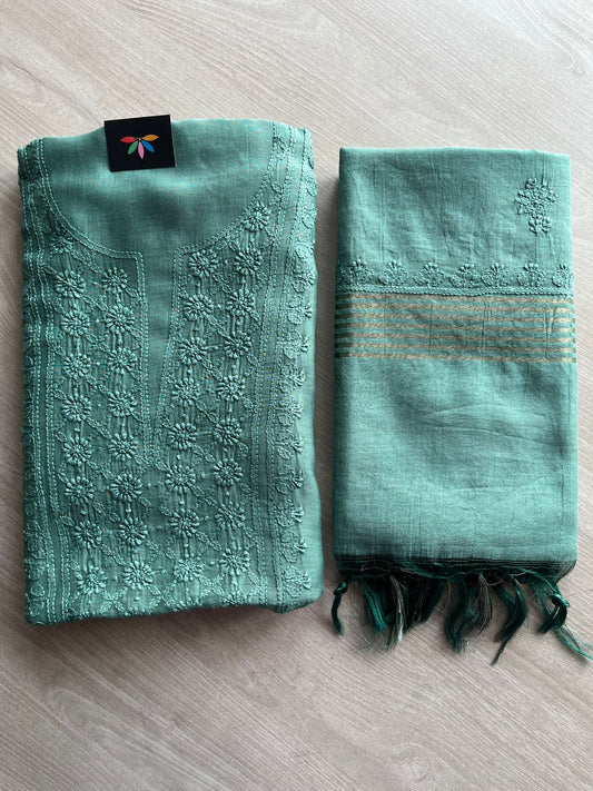 Hand Embroidered Chikankari Chanderi  Silk Cotton Kurti Fabric with Duppata-27306