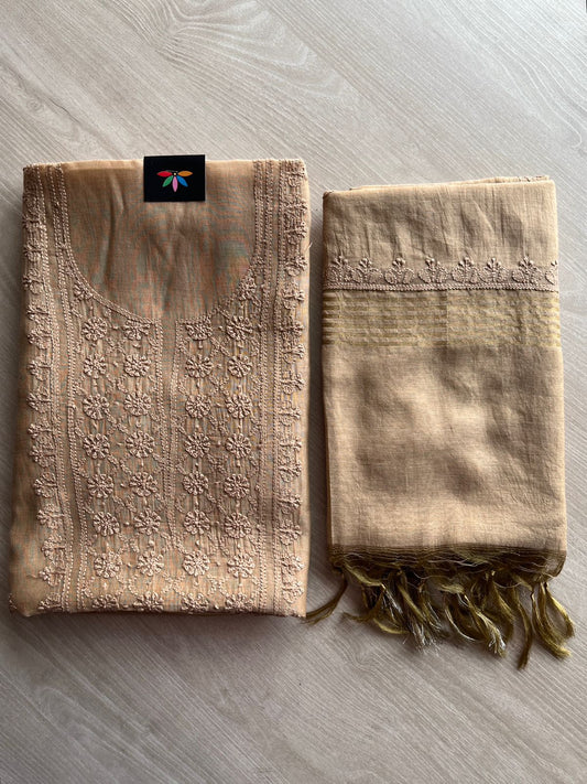 Hand Embroidered Chikankari Chanderi  Silk Cotton Kurti Fabric with Duppata-27307