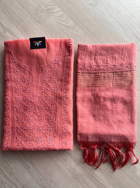 Hand Embroidered Chikankari Chanderi  Silk Cotton Kurti Fabric with Duppata-27308