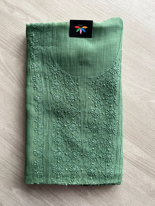 Hand Embroidered Chikankari Chanderi  Silk Cotton Kurti Fabric with Duppata-27309