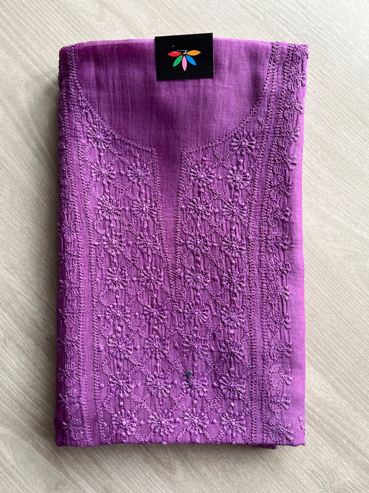 Hand Embroidered Chikankari Chanderi  Silk Cotton Kurti Fabric with Duppata-27310