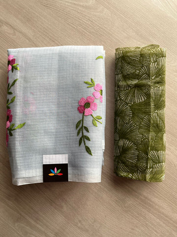 Simple Embroidery Kota Saree with Contrast Blouse-27311