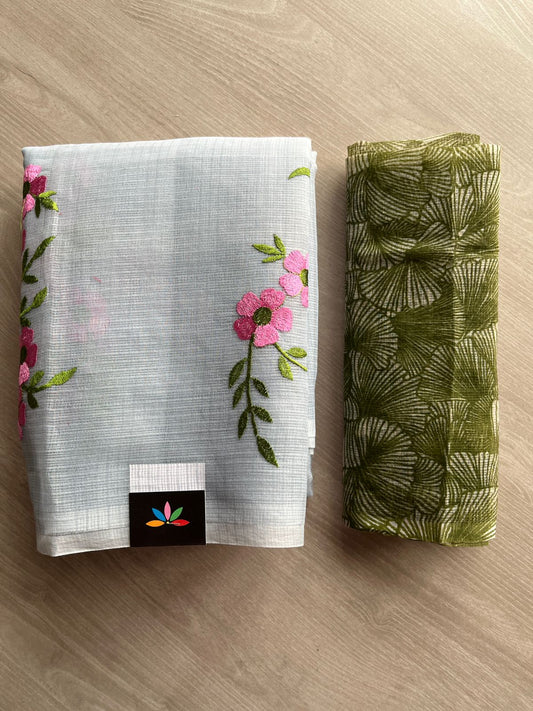 Simple Embroidery Kota Saree with Contrast Blouse-27311