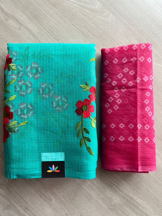 Simple Embroidery Kota Saree with Contrast Blouse-27312