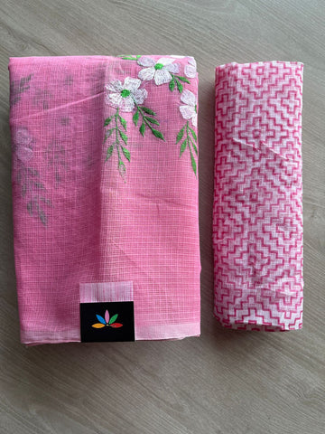 Simple Embroidery Kota Saree with Contrast Blouse-27315