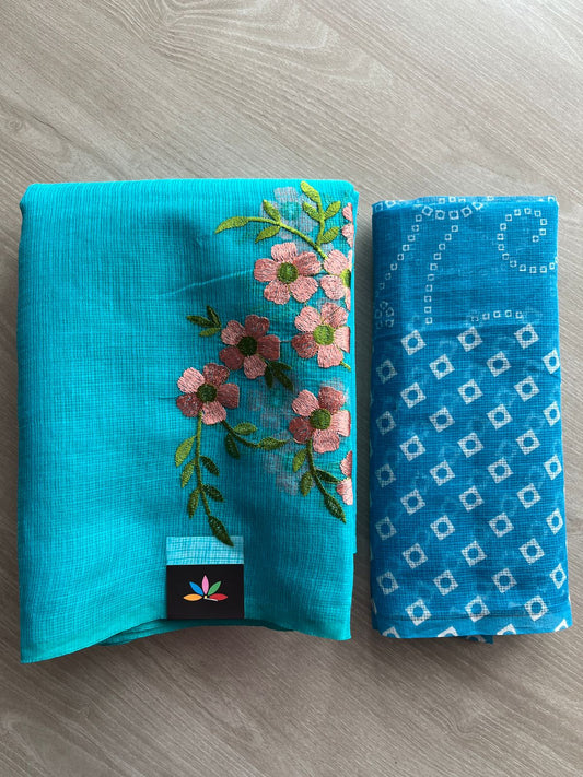 Simple Embroidery Kota Saree with Contrast Blouse-27317