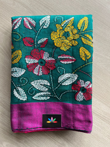 Deep Teal & Wine Red Partly Pallu Kantha Stitch Silk Cotton Saree-27349