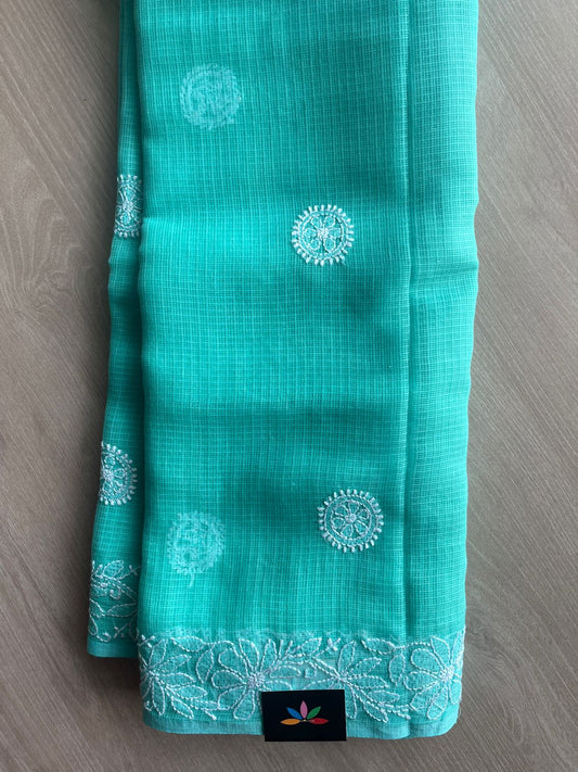 Hand embroidered Chikankari Kota Cotton Saree - 27362-27364