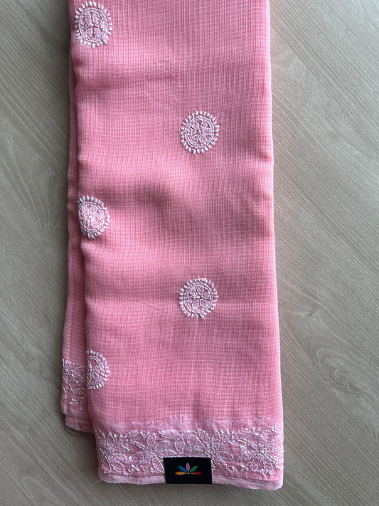 Hand embroidered Chikankari Kota Cotton Saree - 27368-27371