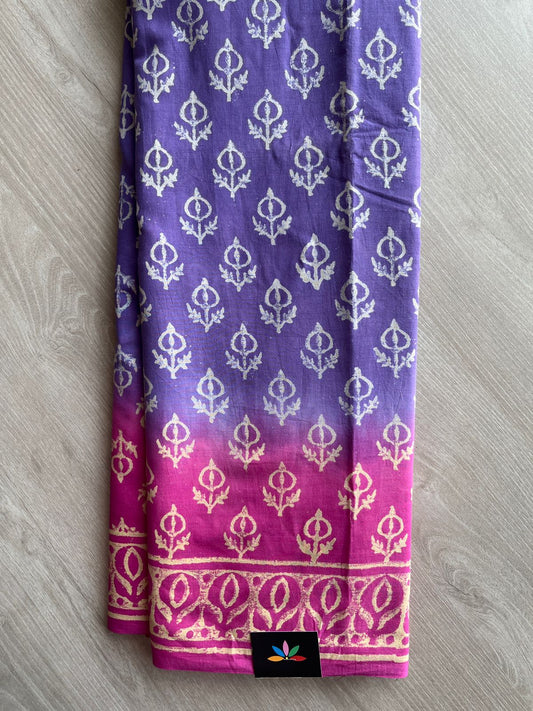 Purple Haze & Hot Pink Handblock Printed Mul Cotton Saree - 33628-33629