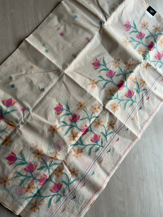 Handwoven Fine Bengal Cotton Jamdani Artisan Saree(Starched) - 27463