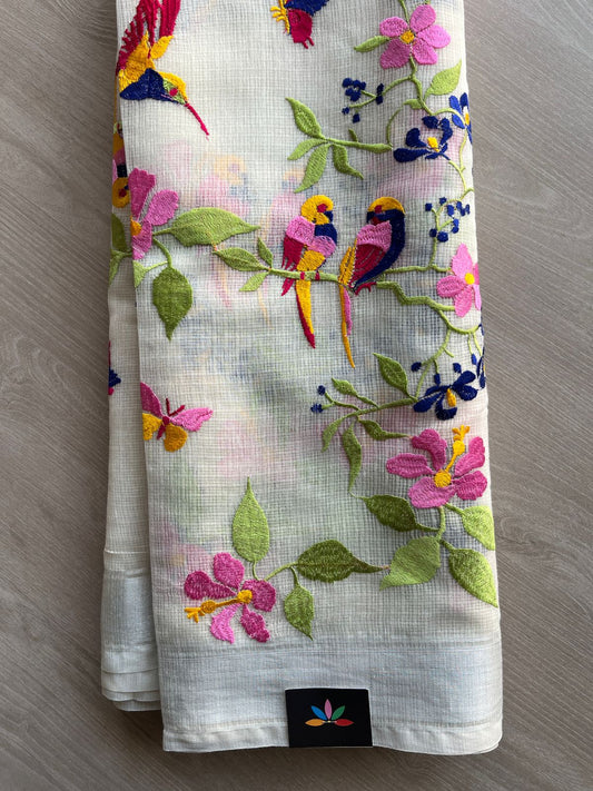 Off-White Floral Bird Embroidered Kota Saree-27612