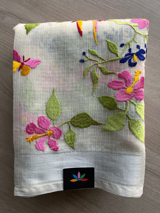 Off-White Floral Bird Embroidered Kota Saree-27612