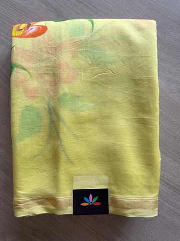 Light Yellow Handblock Printed Chanderi Cotton Silk Saree - 27679-27680