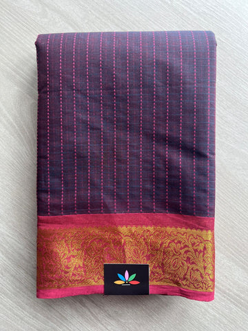 Deep Aubergine with Rani Pink Zari Border Chettinad Cotton Saree - 27723