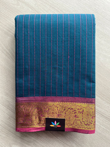 Dark Peacock teal with Rani Pink Zari Border Chettinad Cotton Saree - 27724