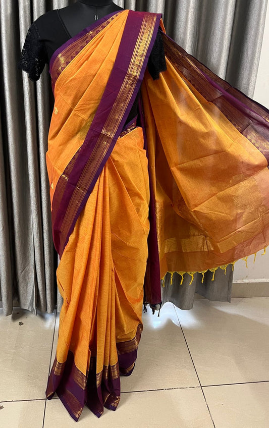 Warm Golden with Royal Magentta Zari Border Chettinad Cotton Saree - 27727