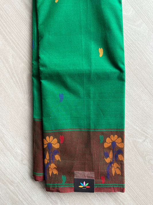 Emerald Green with Coffee Brown Floral Border Chettinad Cotton Saree - 27732