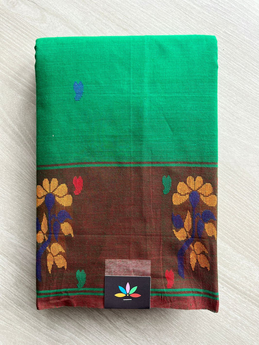 Emerald Green with Coffee Brown Floral Border Chettinad Cotton Saree - 27732