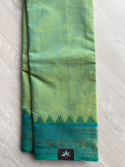 Pista Green with Ocean Teal Zari Border Chettinad Cotton Saree - 27733