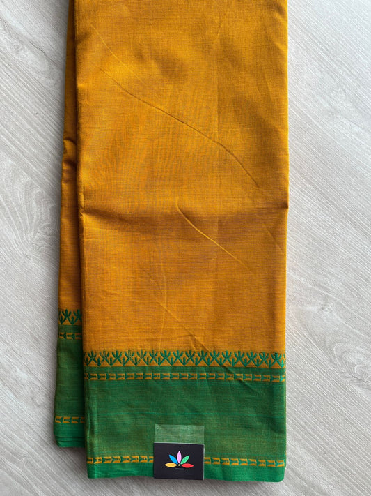 Marigold Yellow With Emerald Green Thread Border Chettinad Cotton Saree - 27735