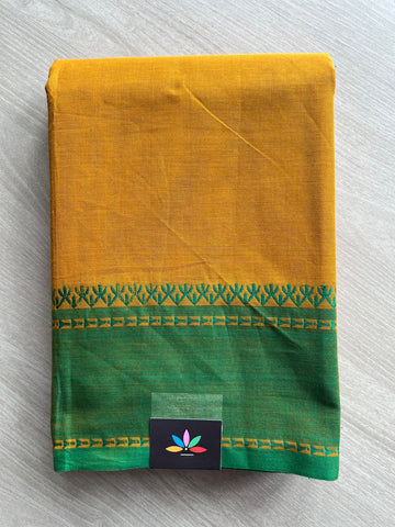 Marigold Yellow With Emerald Green Thread Border Chettinad Cotton Saree - 27735