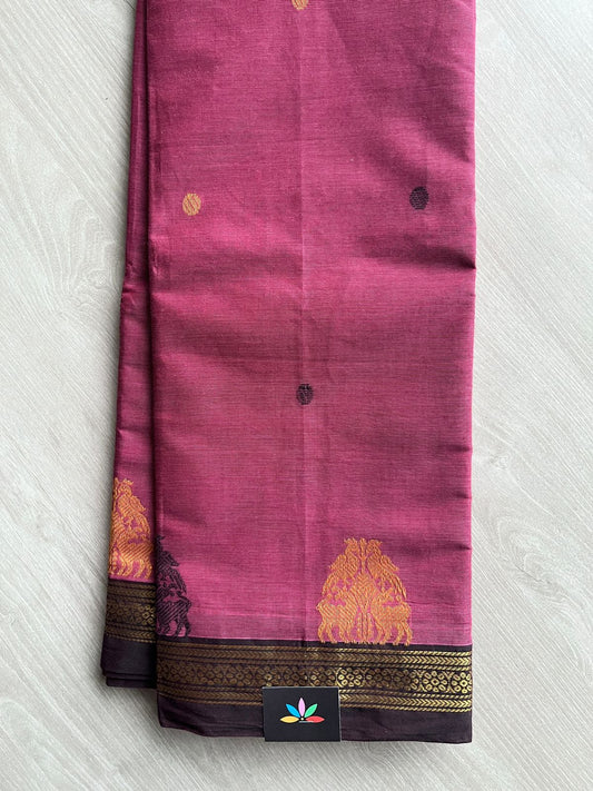 Rose Pink Chettinad Cotton Saree with Yazhi and Peacock Motif Border - 27741