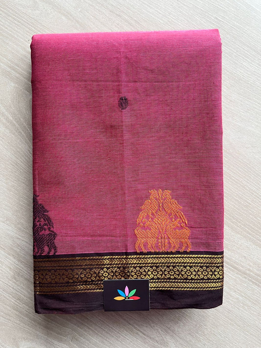 Rose Pink Chettinad Cotton Saree with Yazhi and Peacock Motif Border - 27741