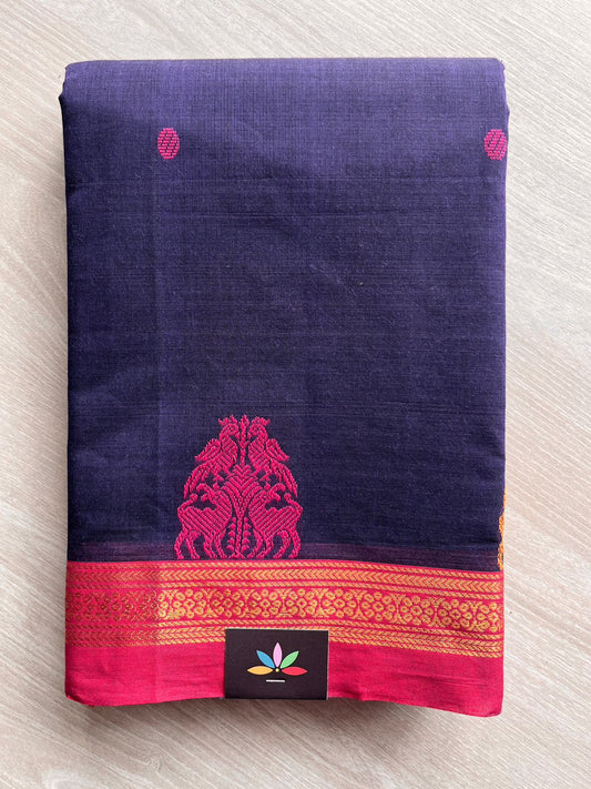 Navy Blue Chettinad Cotton Saree with Yazhi and Peacock Motif Border - 27742