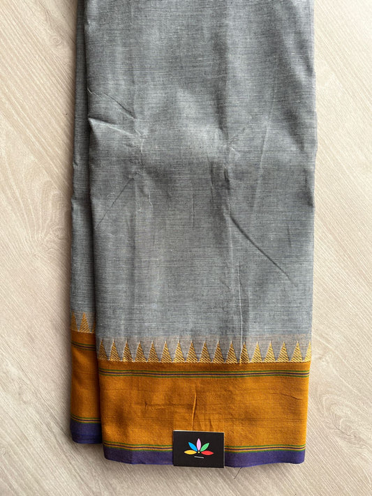 Steel Grey with Orche and Royal Indigo Temple Border Chettinad Cotton Saree -27745-27746