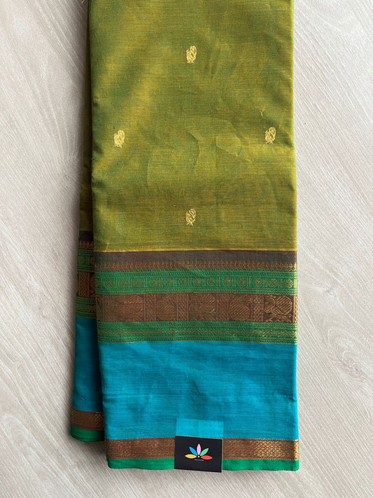 Olive Green with Peacock Blue Zari Border and Rich Pallu  Chettinad Cotton Saree  - 27751