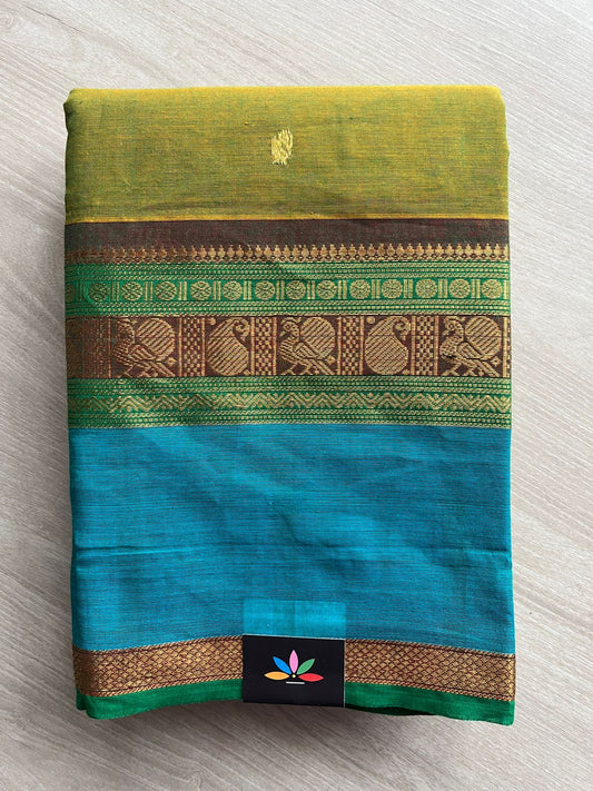 Olive Green with Peacock Blue Zari Border and Rich Pallu  Chettinad Cotton Saree  - 27751