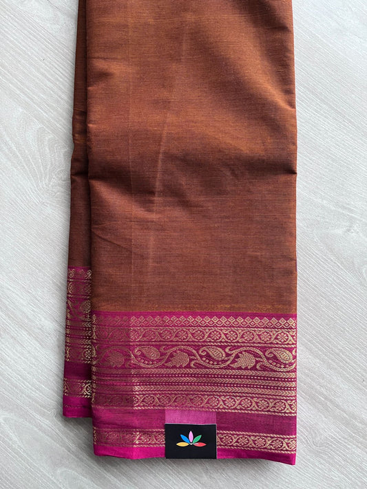 Copper Brown with Dark Magentta Zari Border Chettinad Cotton Saree - 27756