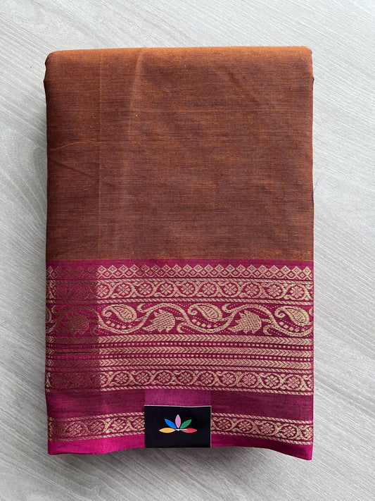 Copper Brown with Dark Magentta Zari Border Chettinad Cotton Saree - 27756