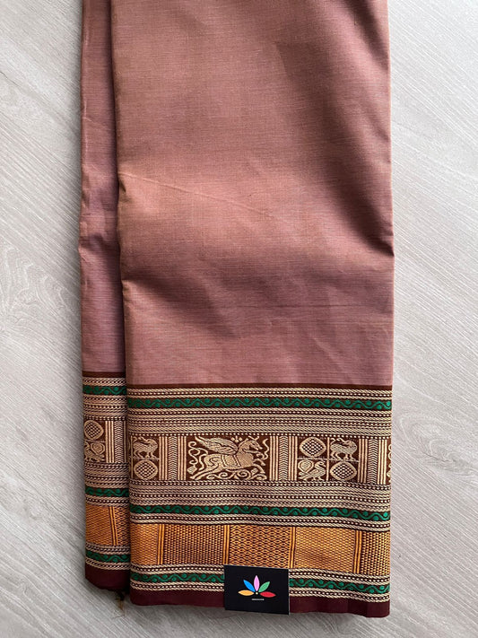 Dusty Rose Pink with Emerald Green and Deep Maroon Thread Border Chettinad Cotton Saree - 27759
