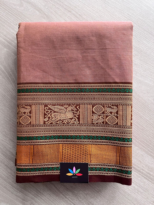 Dusty Rose Pink with Emerald Green and Deep Maroon Thread Border Chettinad Cotton Saree - 27759