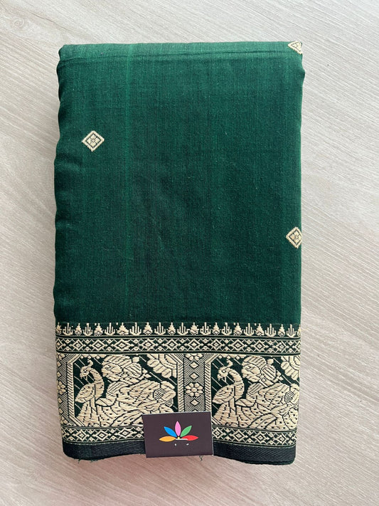 Double Tone (Dark Green/Black) Handloom Cotton Baluchari Saree (Without blouse) -27867