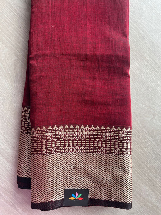 Double Tone (Red/Black) Handwoven Bengal Soft Cotton Jamdani Saree- 27880