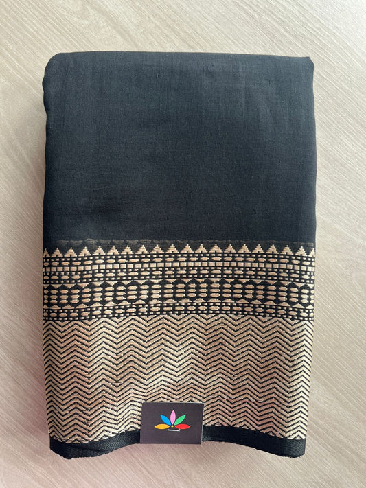 Black Handwoven Bengal Soft Cotton Jamdani Saree- 27882