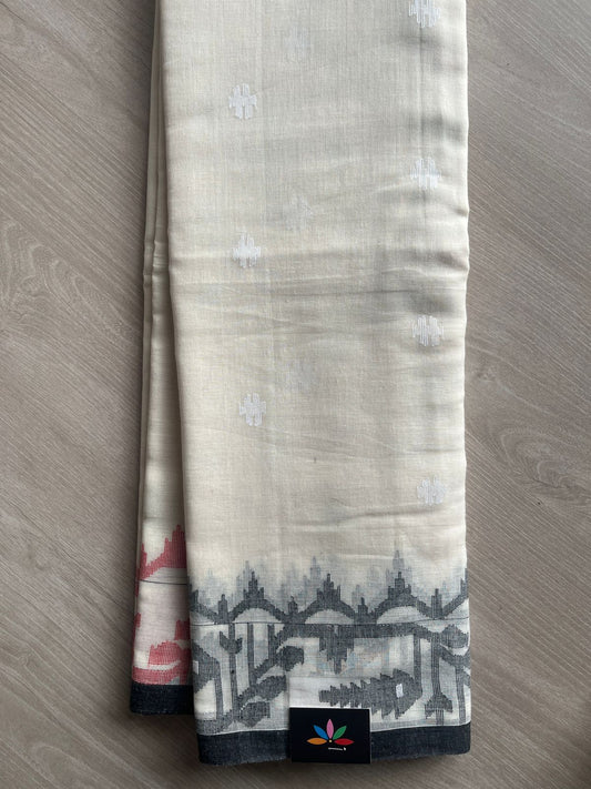Cream White Handwoven Bengal Jamdani Cotton Saree (Without blouse) - 27889