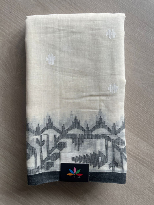 Cream White Handwoven Bengal Jamdani Cotton Saree (Without blouse) - 27889