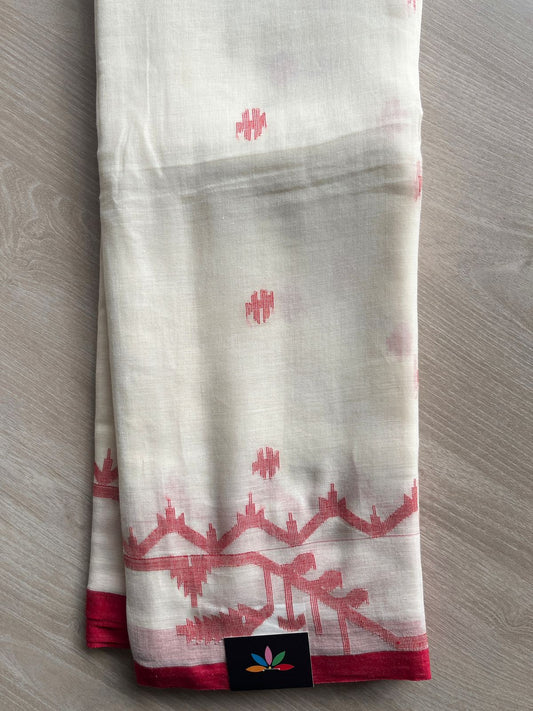 Cream White Handwoven Bengal Jamdani Cotton Saree (Without blouse) - 27890
