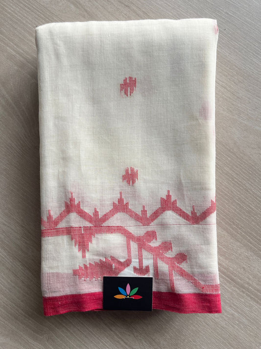 Cream White Handwoven Bengal Jamdani Cotton Saree (Without blouse) - 27890