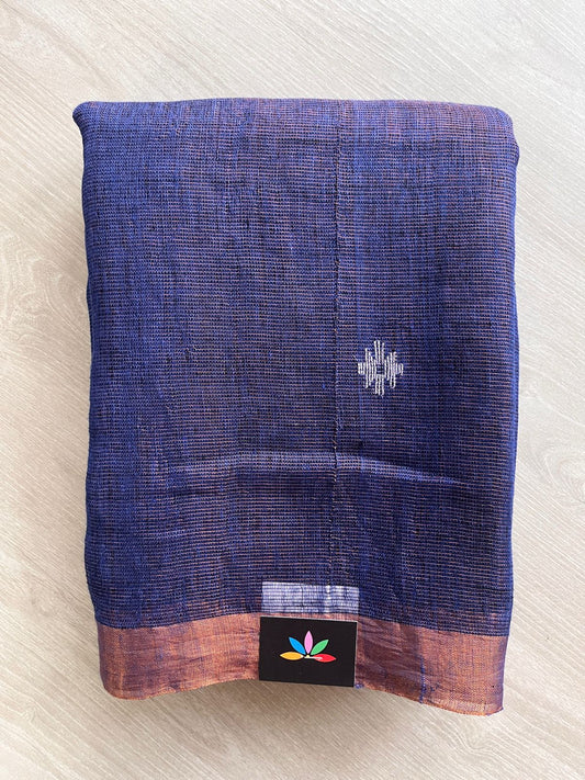 Deep Indigo Handloom Tissue Linen Jamdani Saree -27916