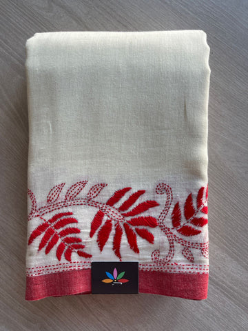 Cream White Kantha Stitch Cotton Saree - 27923