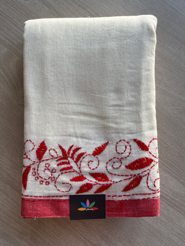 Cream White Kantha Stitch Cotton Saree - 27924